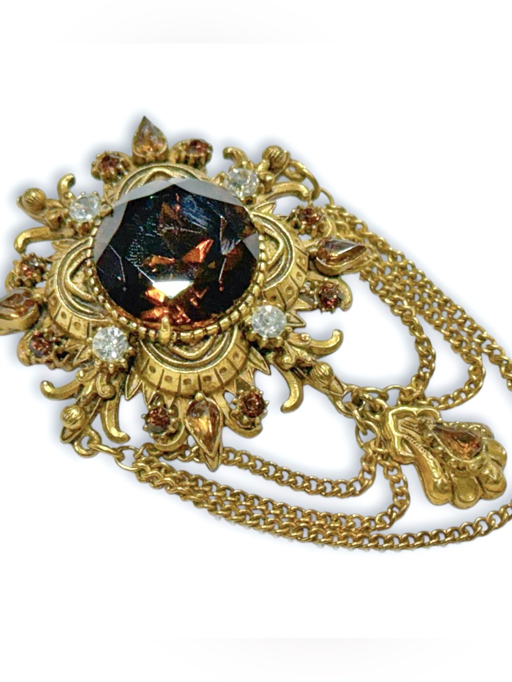Vintage Florenza Gold-Tone Brown Crystal Brooch with Chain Drapes - Picture 6 of 16